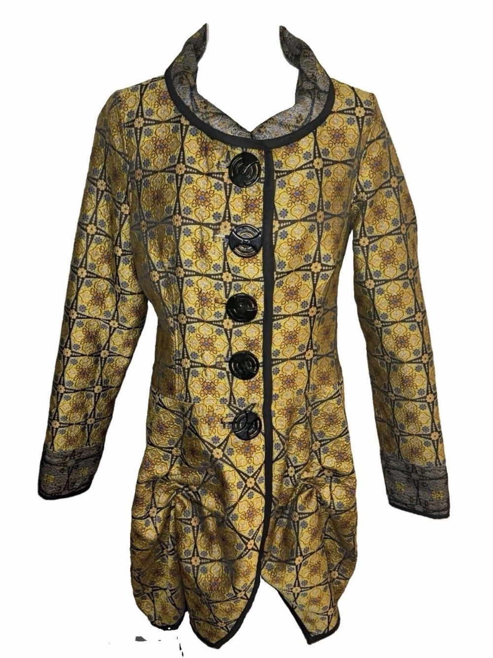 An REN New York Gold reversible Patterned Trench Coat with Black Trim, elegant